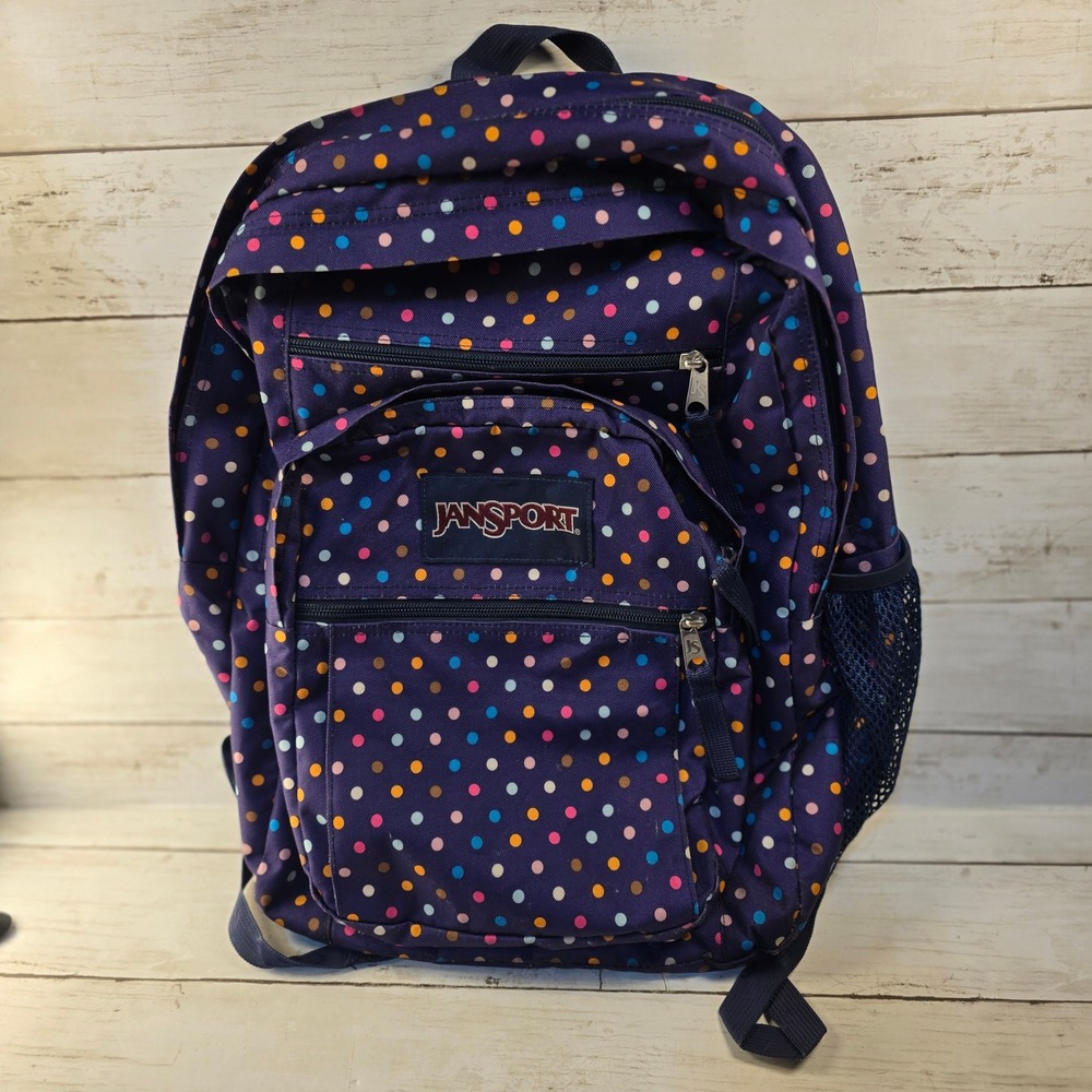 Jansport Big Student Backpack Purple Multi Color Polka Dot School Travel Bag